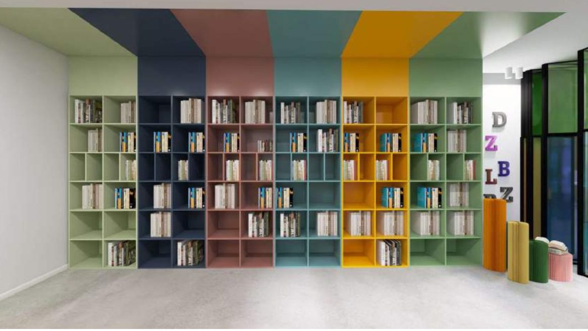 Render della parete-libreria colorata di Epicentro Giovani