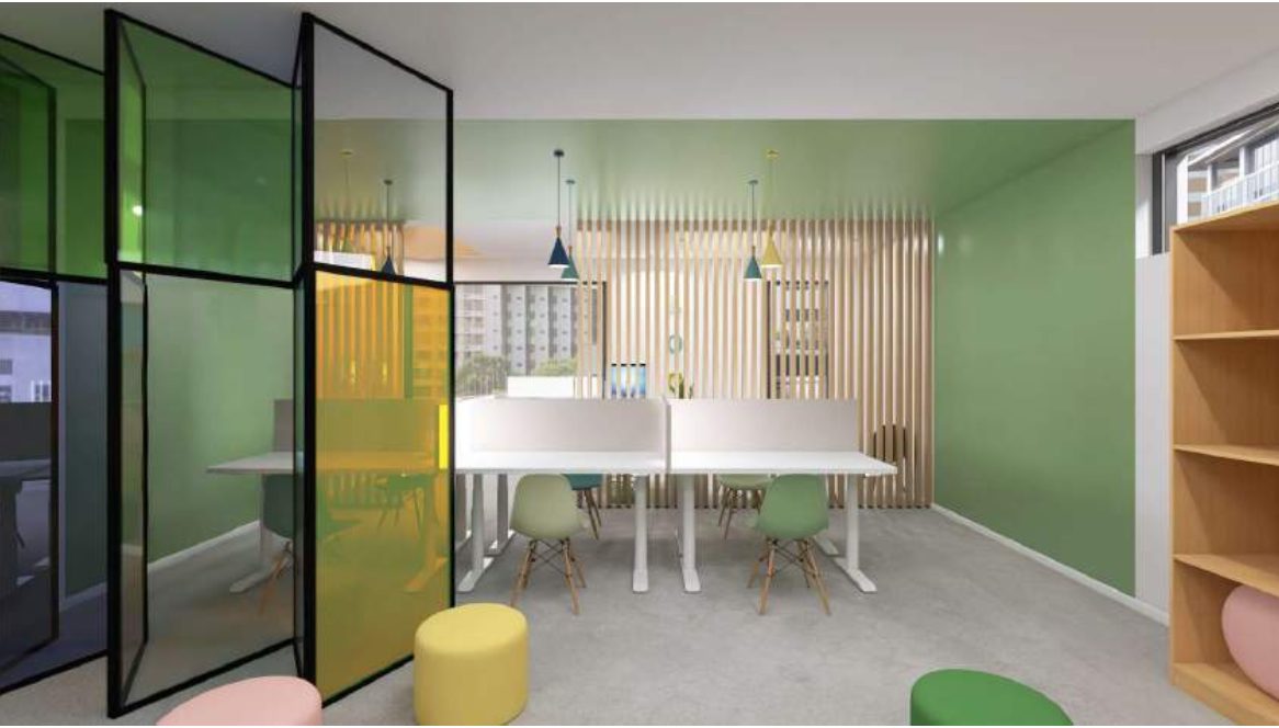 Render di una sala studio con scrivanie