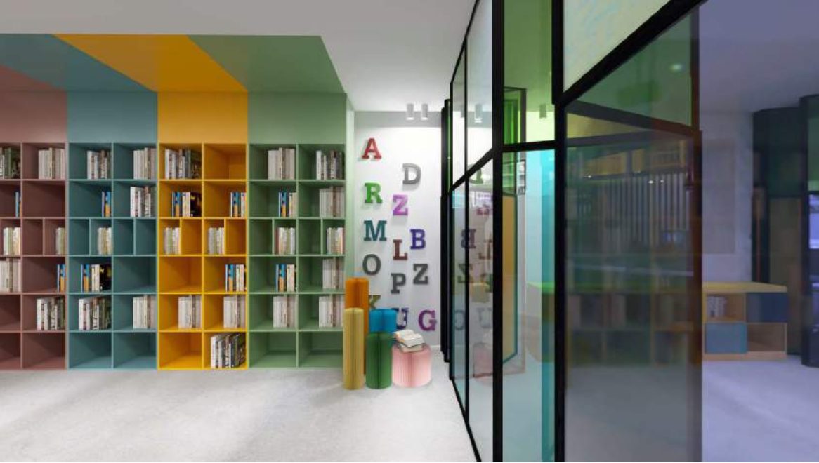 Render della zona lettura con lettere colorate a parete